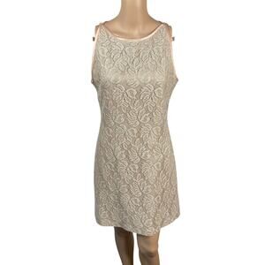 Vtg Bari Jay Nude Gold Crochet Boat Neck A-line Mini Party Dress SZ 10